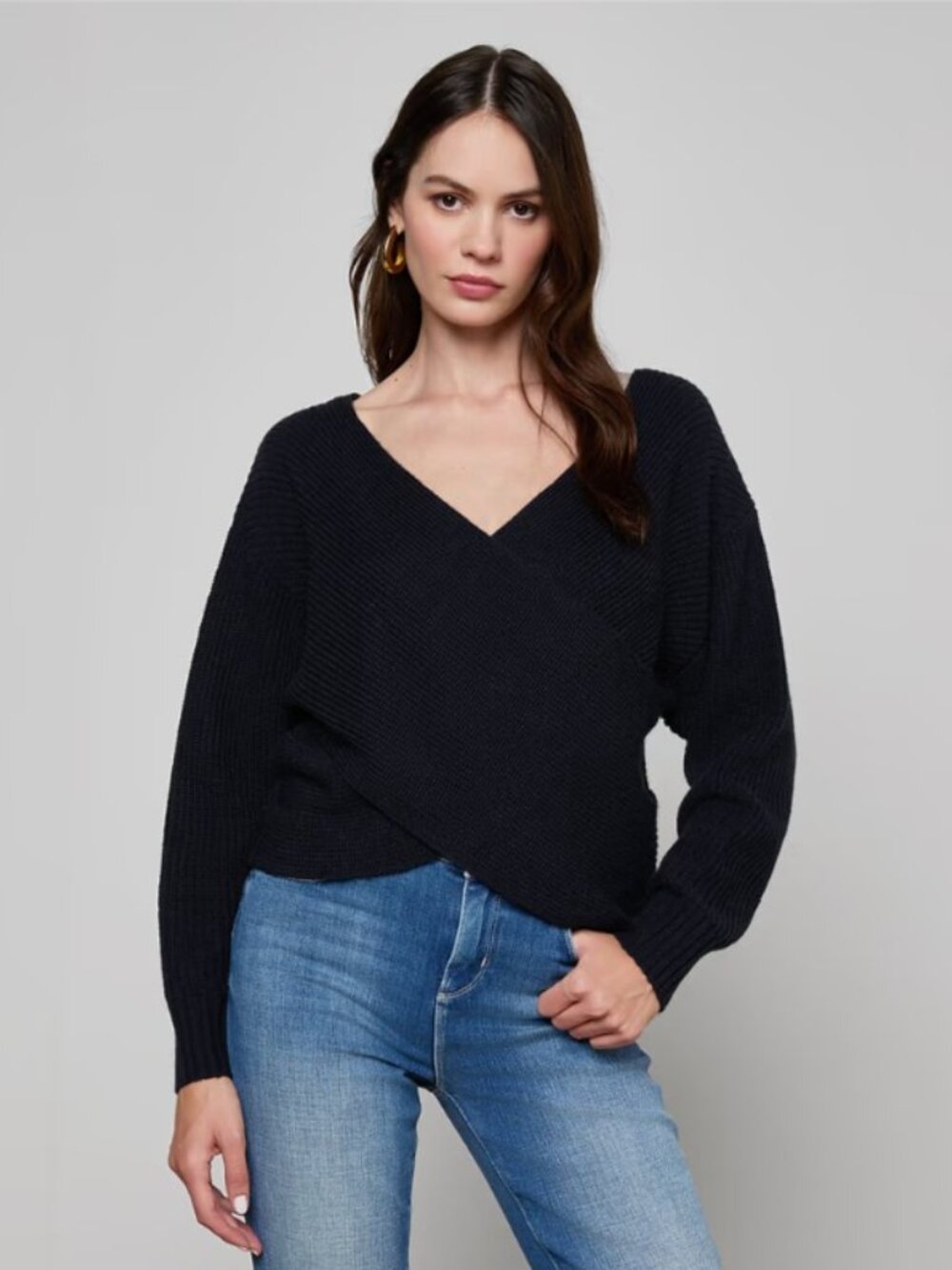 L’AGENCE Antonella Crossover Sweater Women S Black Wrap Knit Chic $395 Retail